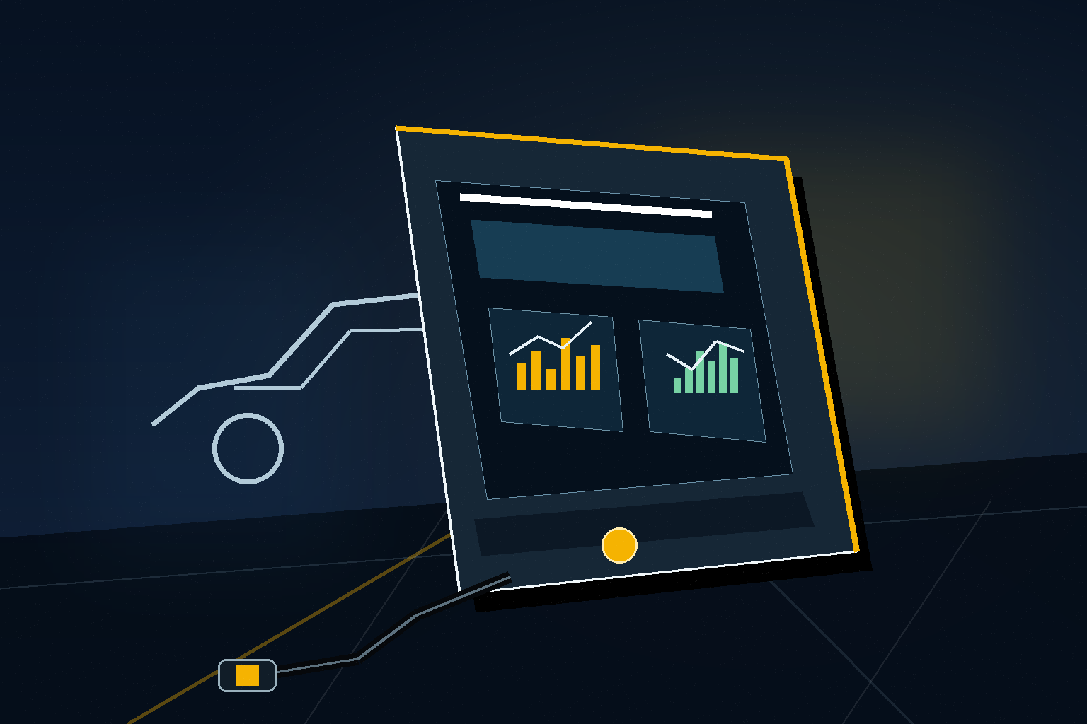 Editorial illustration of a professional vehicle diagnostic tablet connected to a car